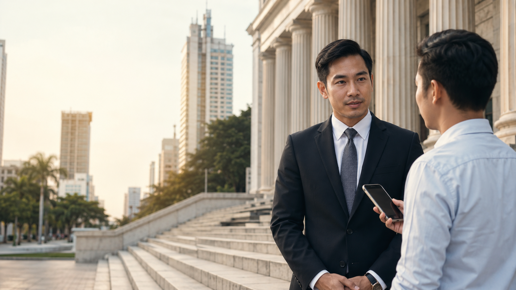 Filipino lawyer and client near a Philippine civic courthouse setting