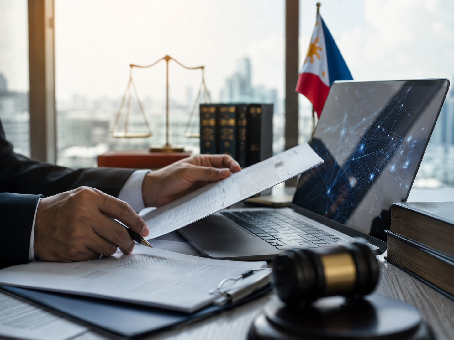 Filipino lawyer reviewing secure digital legal records in a Manila office